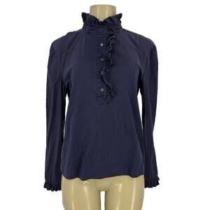 Tory Burch Size 2 High Neck Ruffle Long Sleeve Button Down Blouse Top N29